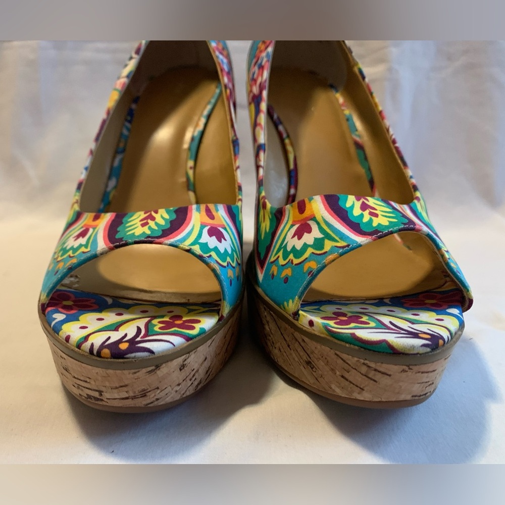Vibrant Multicolor Floral Print Cork Wedge Heels - Picture 12 of 15